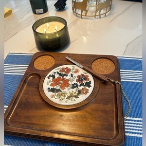 Vintage Gailstyn Teak Wood Serving Tray W/ Trivet, Cup Holder and Attached Knife